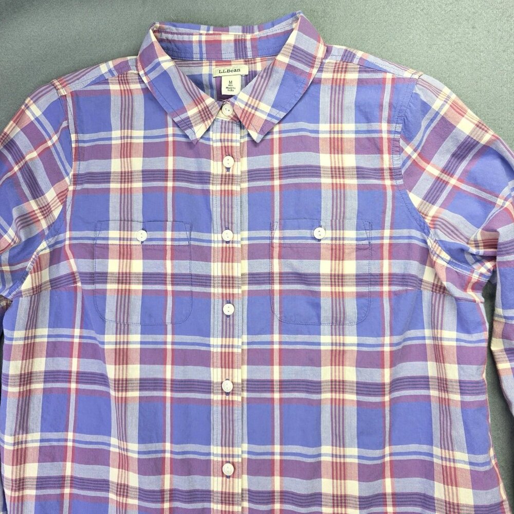 LL Bean Shirt Womens Medium Purple Pink Plaid Long Sleeve Cotton Classic Preppy - Picture 2 of 9